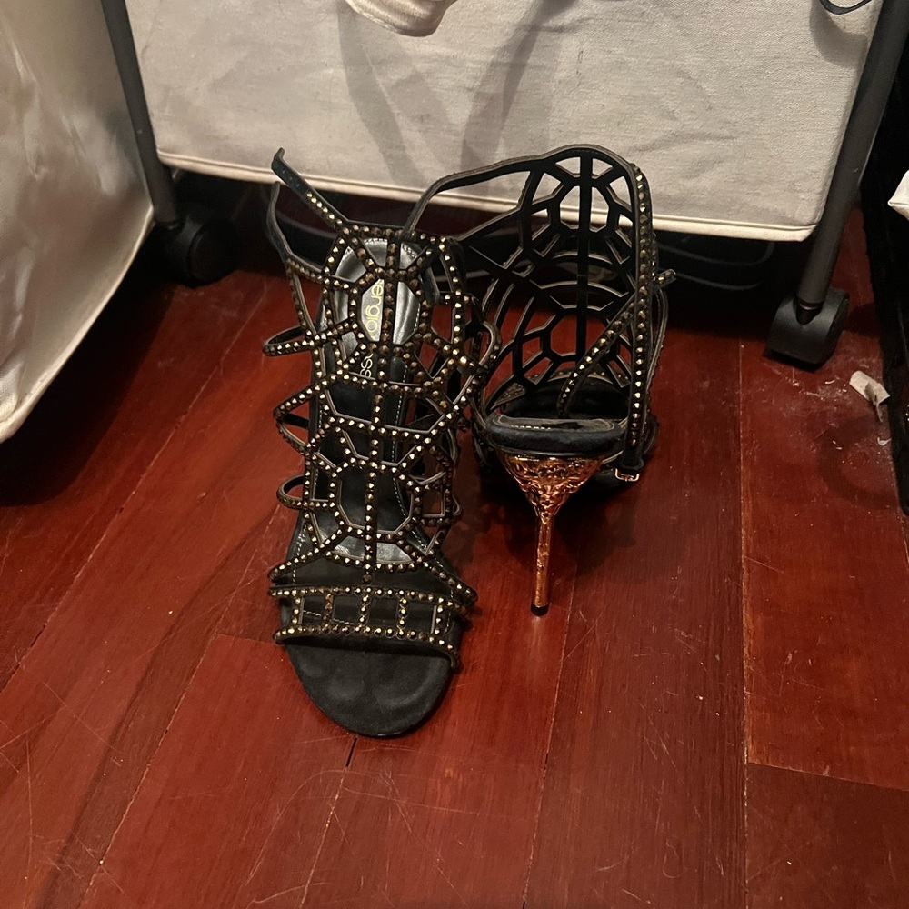 Sergio Rossi Elegant Black and Gold Crystal Strappy Heels Size 37